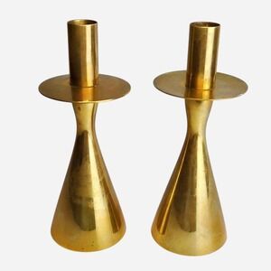 Pair of Mid-Century Brass Spanner Tail Sculpted Candlestick Holder l 8.5 x 3 x 3